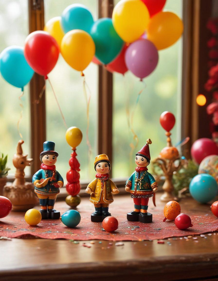A delightful scene showcasing a colorful collection of miniature Kroshki figures, arranged playfully on a vibrant tabletop. Each Kroshki has distinct expressions and poses, surrounded by cheerful decorations like balloons and confetti. Soft sunlight filters through a window, creating a warm and inviting atmosphere. Characters are depicted in a whimsical, cartoonish style to evoke joy and nostalgia. vivid colors. playful illustration.