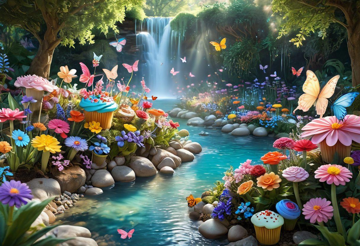 A magical, colorful scene filled with tiny delightfully whimsical creatures enjoying a vibrant garden, featuring oversized flowers, sweet delights like cupcakes and candy, and a sparkling stream. The atmosphere should evoke joy and enchantment, with playful elements like butterflies and fairies. Soft, pastel colors create a dreamlike ambiance. super-realistic. vibrant colors. 3D.